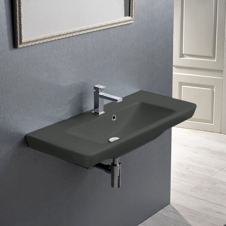 Bathroom Sink, CeraStyle 068309-U-97-One Hole, Rectangular Matte Black Ceramic Wall Mounted or Drop In Sink